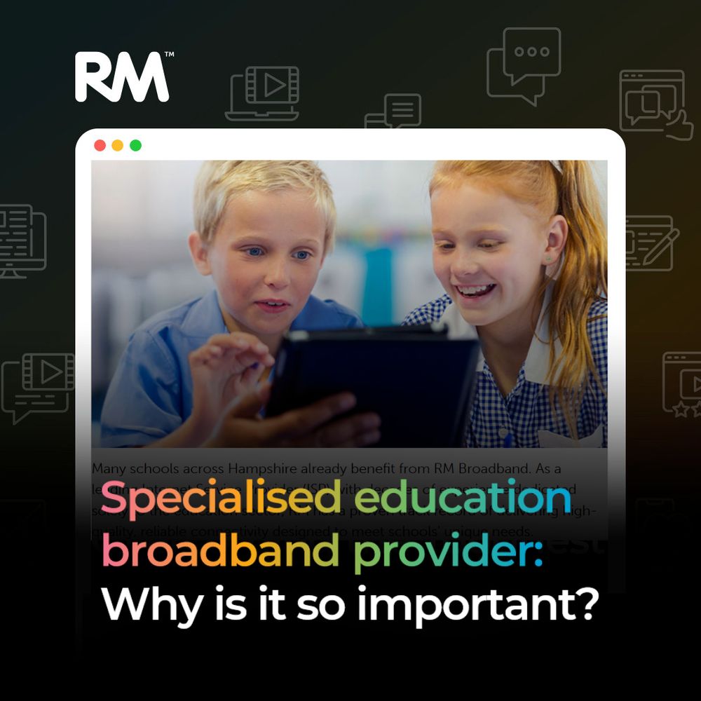 Two children happily sharing a tablet, highlighting technology use in education. Overlay text: "Specialised education broadband provider: Why is it so important?"