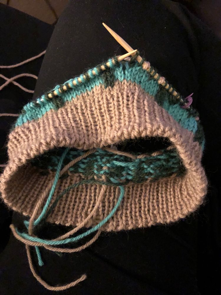 A knitted hat work in progress sits on a leg dressed in black sweatpants. Both the inside and outside of the hat are visible, with floats and strands of yarn shown on the inside and a pattern on the outside. The brim is a medium taupe, and the rows above it include turquoise and forest green, which are meant to be tree trunks with a river in the background. 