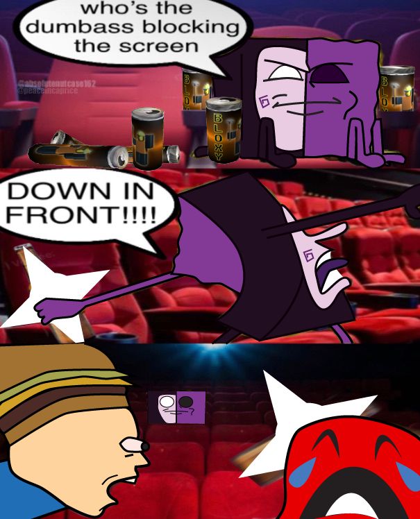 The first panel depicts Noli sitting in a movie theater, surrounded by empty Bloxy Cola cans, asking “who’s the dumbass blocking the screen”

The second panel shows Noli preparing to throw his Void Star, yelling “DOWN IN FRONT!”

The final panel shows CoolKidd getting hit by Nova, with 007n7 flabbergasted and Noli severely regretting his decision.

Original comic was made by @absolutenutcase162