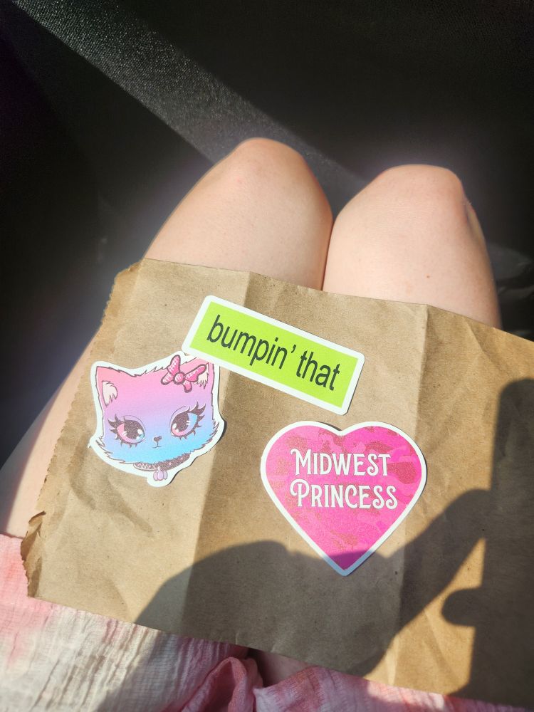 A picture of 3 stickers. One is a blue and pink cat w a bow, a green  sticker that says bumpin that and a heart sticker with "Midwest princess" in the middle. 