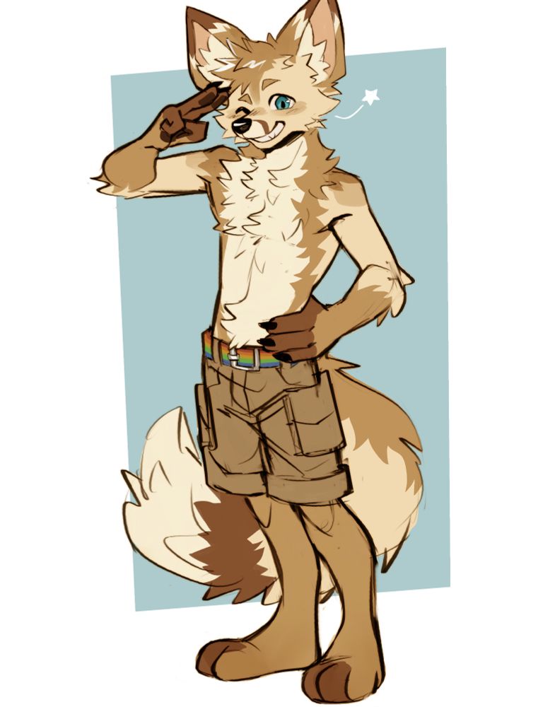 An anthropomorphic fennec fox boy named Embers smiling and saluting the viewer. He's a cream and tan furred fennec with brown paws, and is wearing grab cargo shorts with a rainbow belt 
