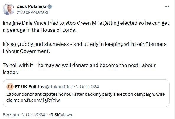 Tweet from Zack Polanski criticising Dale Vince for donating to the Labour Party in hopes of a peerage