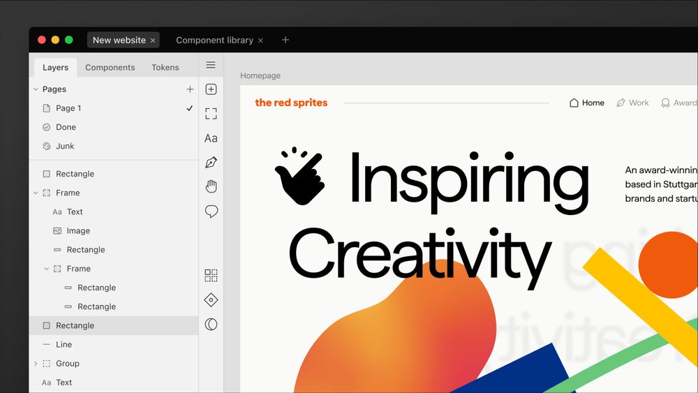 Screenshot of Paper, a modern looking design tool, with a user working on an artboard with the headline "Inspiring Creativity"