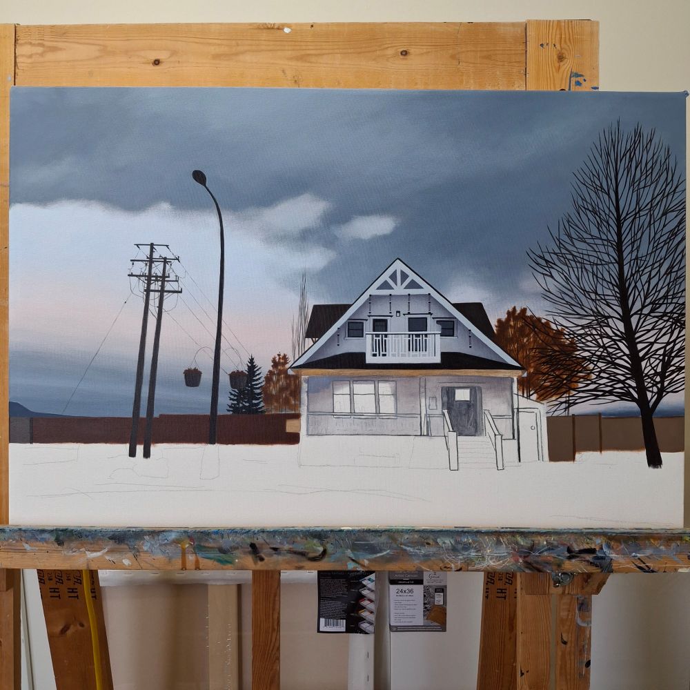 Image shows a painting on canvas with a coffee shop in a vintage house, in progress.