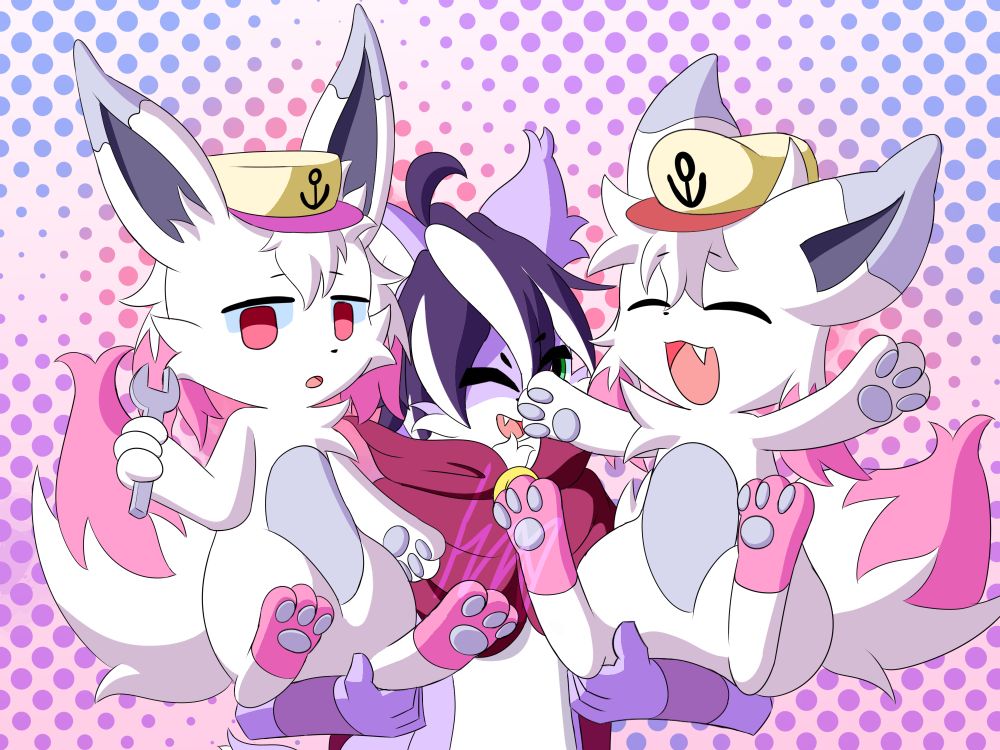 Ludo holding a distracted Ziru and an excited Yuzu