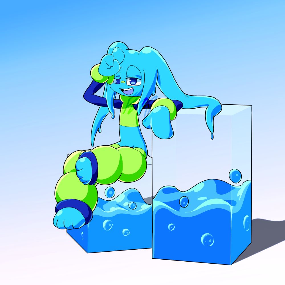 Sobb, a slim alien chilling out on some cubes filled with more slime