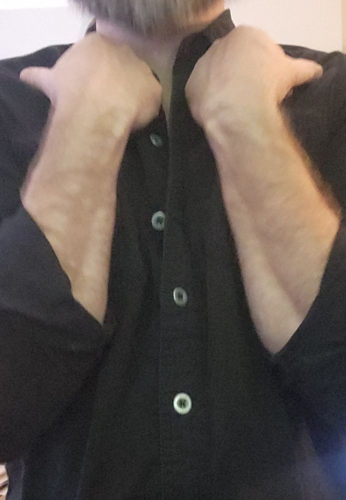 A picture of a person in a black shirt, with their forearms pressed flat against their chest vertically
