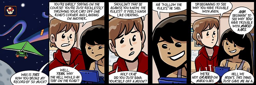 Sal playing Rainbow Road on Mario Kart  7 on a 3DS as Danny is watching.