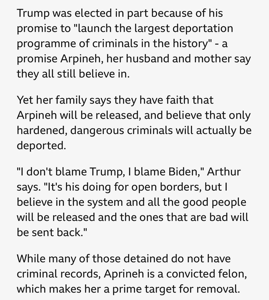 Trump was elected in part because of his promise to "launch the largest deportation programme of criminals in the history" - a promise Arpineh, her husband and mother say they all still believe in.
Yet her family says they have faith that Arpineh will be released, and believe that only hardened, dangerous criminals will actually be deported.
"I don't blame Trump, I blame Biden," Arthur says. "It's his doing for open borders, but I believe in the system and all the good people will be released and the ones that are bad will be sent back."
While many of those detained do not have criminal records, Aprineh is a convicted felon, which makes her a prime target for removal.