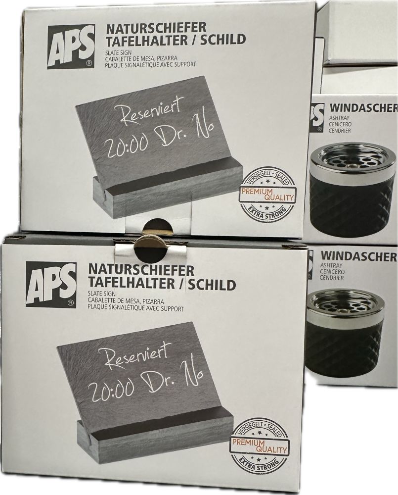 Verpackungen für Restaurantreservierungsschilder. Text auf der Abbildung: Reserviert für Dr. No