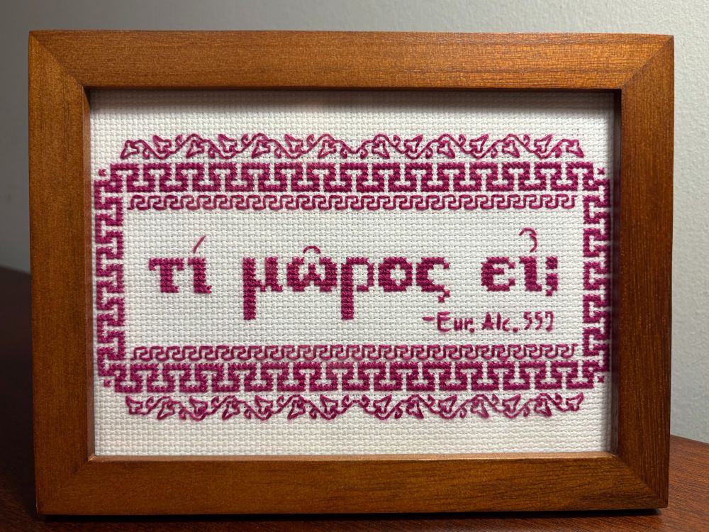 Photograph of a framed cross-stitch sampler in pink thread around the central text "τί μώρος εἶ;", which translates to "why are you being an idiot?" Below is the smaller text "-Eur. Alc. 552", and surrounding are several borders in the style of Greek keys and ivy leaves.