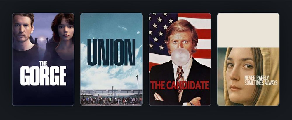 Letterboxd thumbnail posters for 

The Gorge (2025)
Union (2024)
The Candidate (1972)
Never Rarely Sometimes Always (2020)
