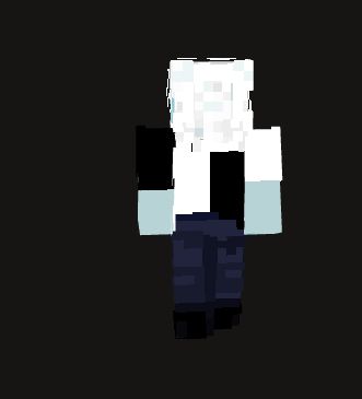 A custom minecraft player skin of VTuber Atticus Haunt from the back. It reflects his regular appearance, pale bluegreen skin, a mismatched black and white shirt, and white hair. 