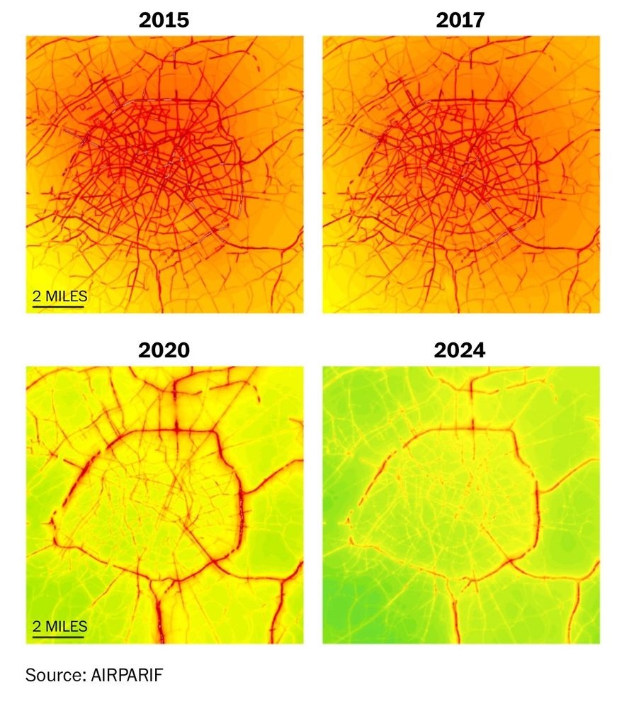 Four maps. 2015, 2017, which shoe substantial pollution, 2020 which shows it reduced a good deal, and 2024 which shows it reduced even more