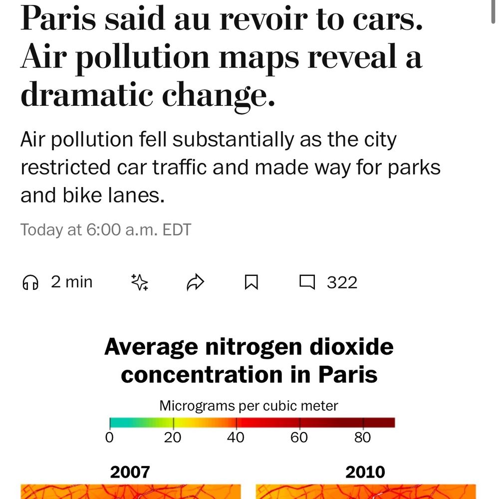 A headline that reads "Paris said au revoir to cars. Air pollution maps reveal a dramatic change".