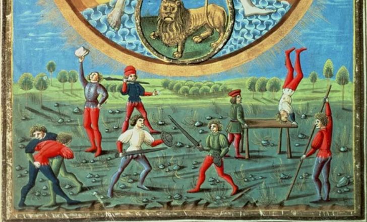 Detail from a medieval illustration of physical training. Various figures train in various ways.