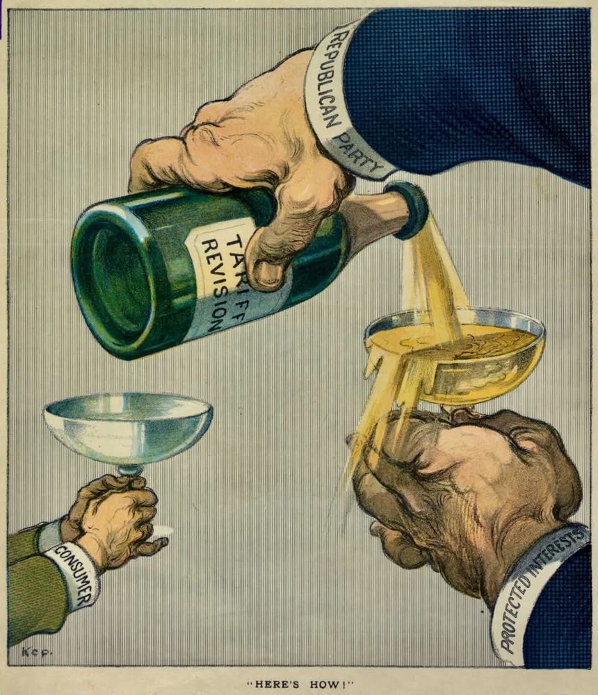 A political cartoon from 1908 showing hand with a cuff that reads "Republican Party" pouring champagne from a bottle that reads "tariff revision" into a glass held by a hand that reads "protected interests" on its cuff. They appear connected to the same person. Beside this another pair of hands hold an empty glass and the cuff reads "consumer"