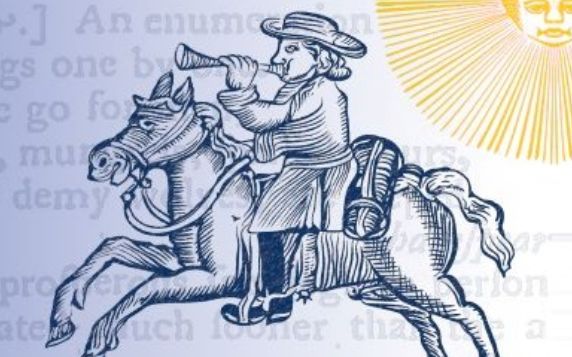 Detail of an early modern image of a person blowing a trumpet on a horse backgrounded by words and a sun