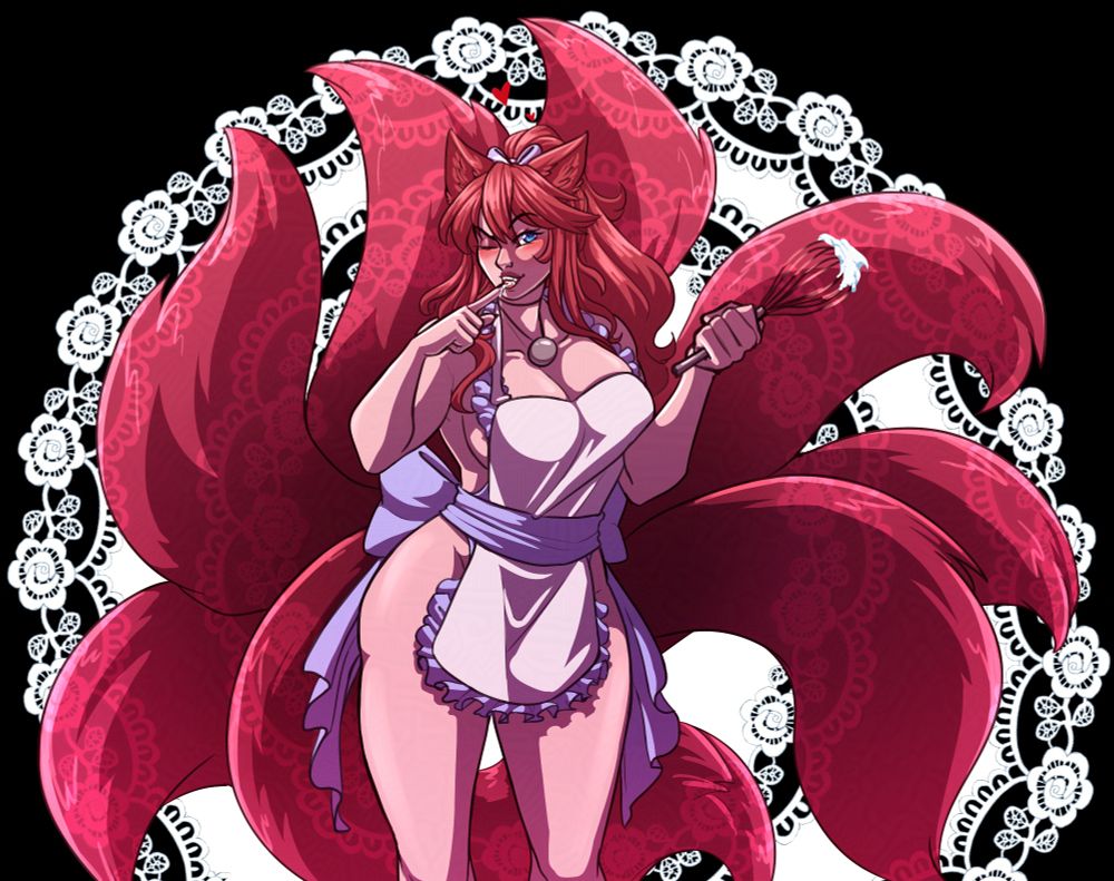 Senri, a red-haired eldritch kitsune queen, winks at you in just an apron while sensually licking cream off her finger and holding a whisk topped with cream in her other hand