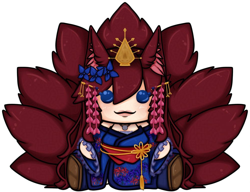 A plush-styled art of Senri, a red-haired nine tail kitsune queen and high priestess vtuber in a blue kimono