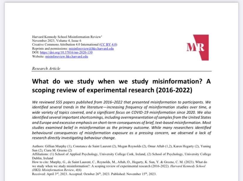Screenshot of title page for article “What do we study when we study misinformation? A scoping review of experimental research (2016-2022)”