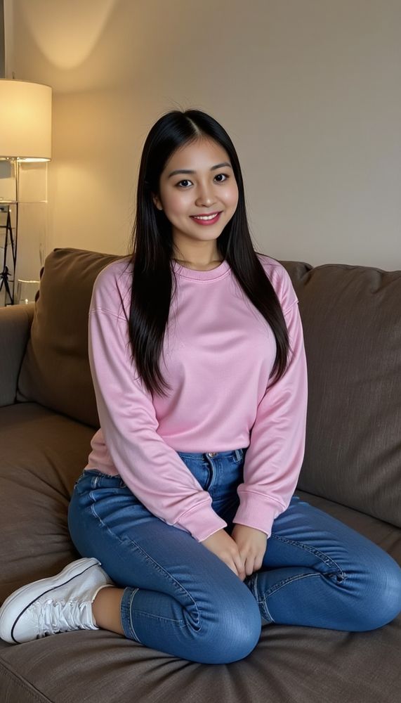 Angela Katy is relaxing alone. She's wearing a light pink long sleeve sweatshirt, blue jeans and white sneakers. She's very cute.