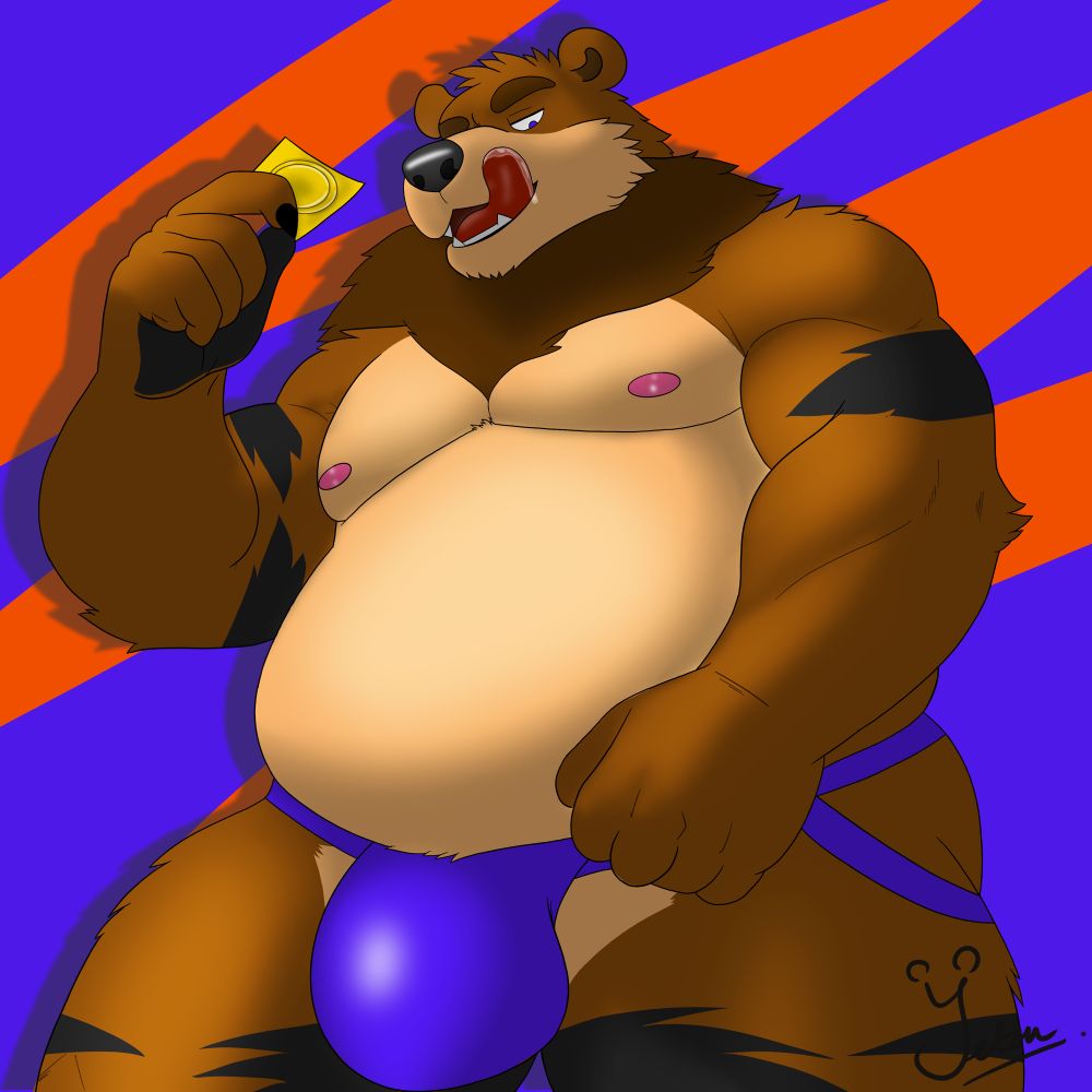 Furry bear holding condom