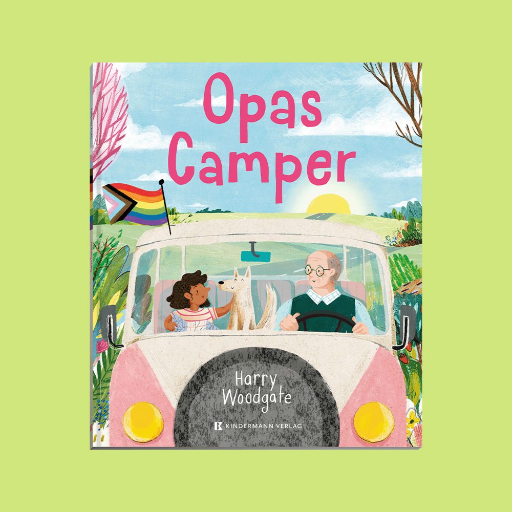 An image of the German co-edition of Harry Woodgate's book 'Grandad's Camper', published as 'Opa's Camper' by Kindermann Verlag. The book cover features the title in fuschia pink text above a pink and cream coloured campervan driving through a countryside landscape illustrated using digital collage and mixed media. In the distance is a sun rising over the horizon, and grey roads winding over green hills. The camper van has two yellow headlights set either side of a grey spare tire mounted to the front of the vehicle, in which sit the author and publisher name. Inside, Grandad (old, white, with grey hair and green glasses, wearing a green sweater vest and blue shirt with checked collar) is driving. Milly (5-7yrs old, brown skin, dark brown curly hair, wearing a beige and pink striped short sleeve top and holding a map) sits in the passenger seat. In between them is Gilbert, Grandad's apricot coloured dog. From the roof of the van flies a Pride flag.