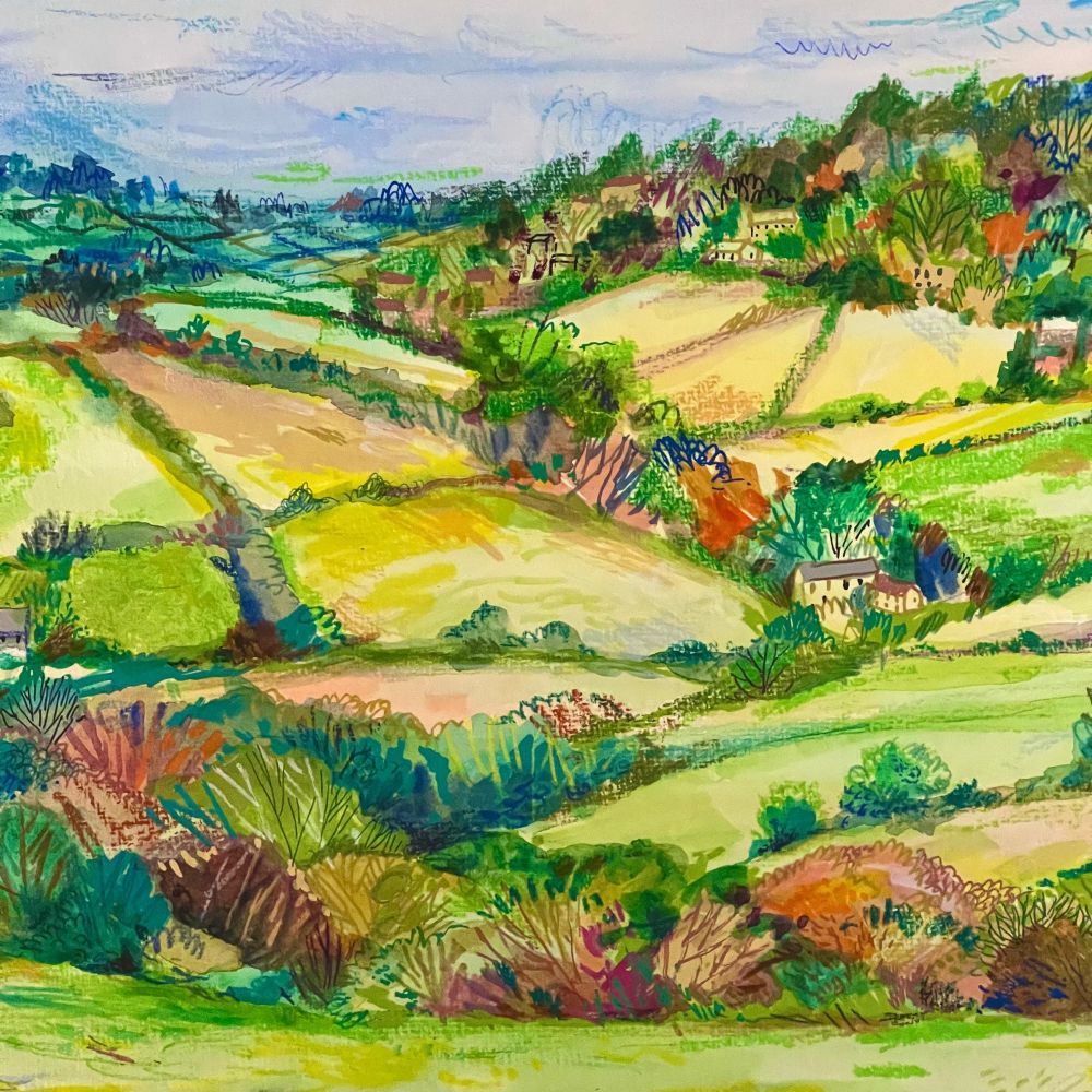 watercolour, pastel, acrylic, pencil, biro, ink illustration of patchwork fields. hedgerows and woodlands crisscross a hilly landscape of green, yellow, ochre and turquoise fields; small houses are hidden amongst the trees.