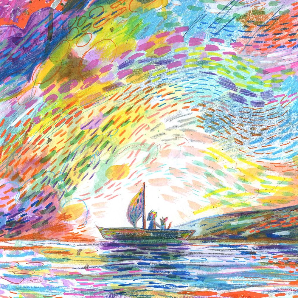 cropped image of a mixed media illustration by Harry Woodgate depicting a silhouetted person and a dog with pointy ears inside a small sailboat on a tranquil sea, looking up at a sky filled with multicoloured pastel swirls made through intuitive mark making: acrylic pen; pencil; oil and wax pastel; watercolour; ink. in the distance, to the right, is a shore of dark green, blue and purple hills, which is reflected in the still water below. 