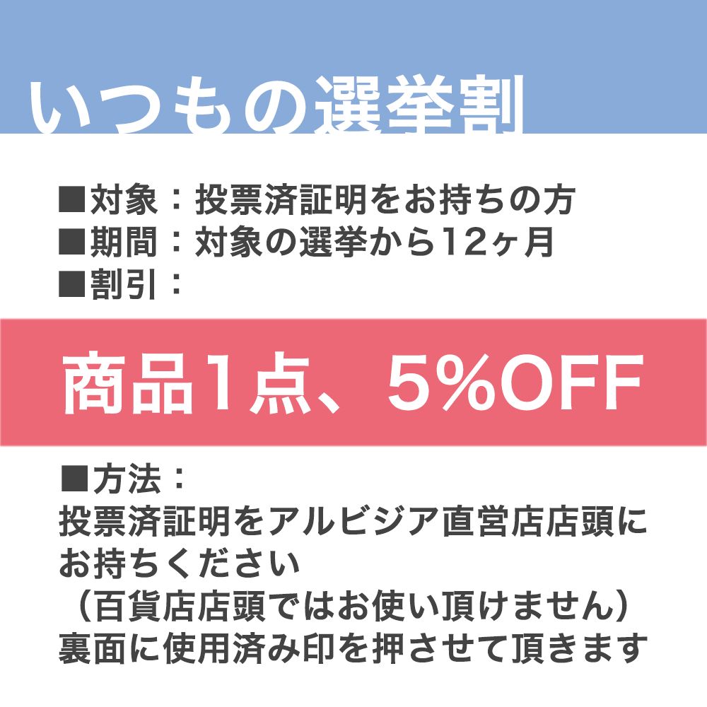 12ヶ月以内の投票済証を見せると商品1点5%オフになるいつもの選挙割の説明画像です。投票済証を直営店店頭にお持ちください（百貨店店頭ではお使いいただけません）。裏面に使用済み印をおさせていただきます。