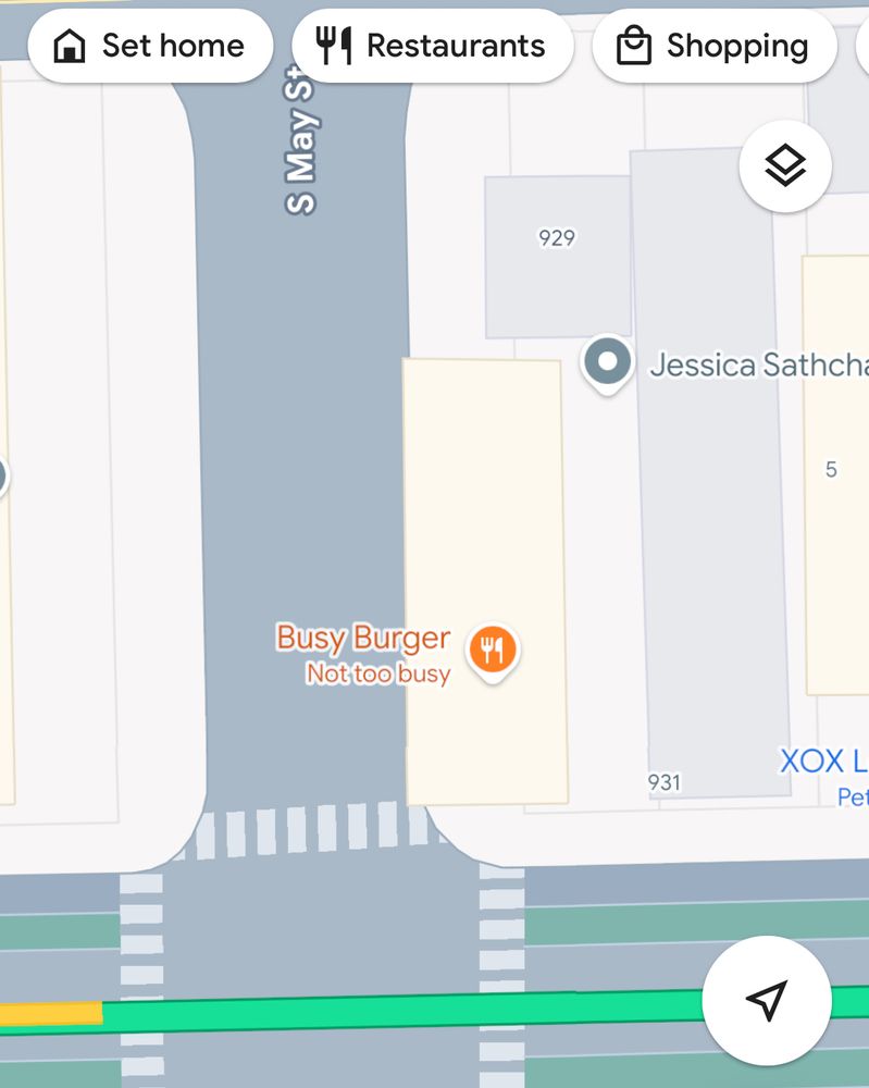A screenshot of Google Maps. The location Busy Burger is listed as ‘Not too busy’