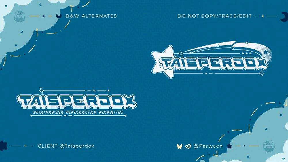 Showcases the previous two versions of the logo stripped of all color except for white. The simplified logo has been made into a watermark with the subtext underneath in all caps 'Unauthorized reproduction prohibited'.