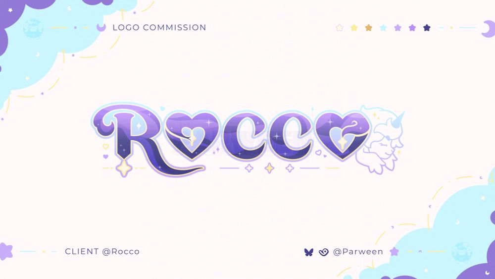 A logo that reads "Rocco". The main colors are dark purple, light cyan, and light yellow. The Os have been made into heart shapes with a four pointed star in the center. To the right end of the logo there is a side profile outlined Ouji, Rocco's OC, with their eyes closed. Surrounding the logo are little hearts and stars.