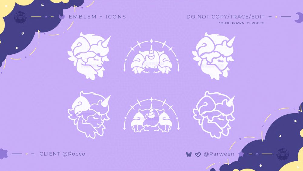 Emblems/icons made for the logo. To the left there is the side profile Ouji in solid white at the top, and an outlined version at the bottom.
At the center there is front facing Ouji in solid white and an outlined version. Lastly to the right is an even more simplified version of Ouji made for the pattern, they have no visible nose or mouth.
At the top right it says, "Ouji drawn by Rocco."