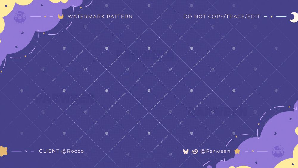 A diamond shape watermark pattern. At the center of each diamond there is the Ouji icon. There is text going diagonally that says, "Do not trace, edit, repost" and "Rocco."