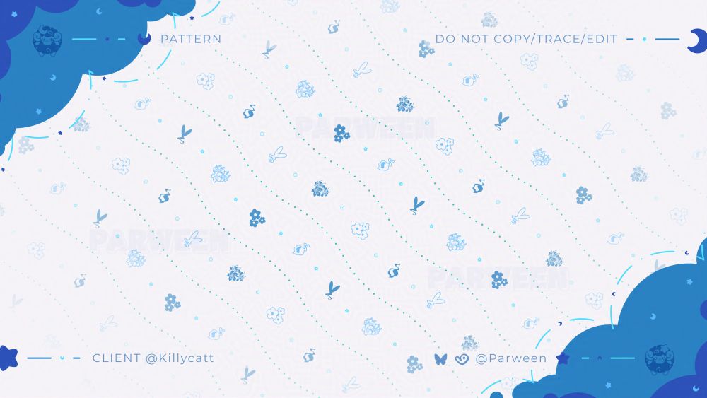 Wavy 45 degree angled pattern. There are icons evenly spaced from each other following a dotted line at the top and bottom. Between each icon is a small flower. The icons consist of a solid or outlined versions of: bunny wisp ears, simple spider lily, cluster of simple flowers, or flame.
The main colors are dark cobalt blue, light blue and cyan
