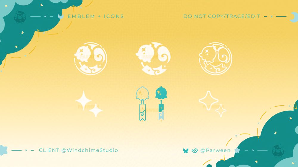 A showcase with the emblems/motifs and icons. The top row is the white solid versions of the previous motifs. 
The bottom row is the stars, straightened teal windchimes, and outlined stars made for the client.