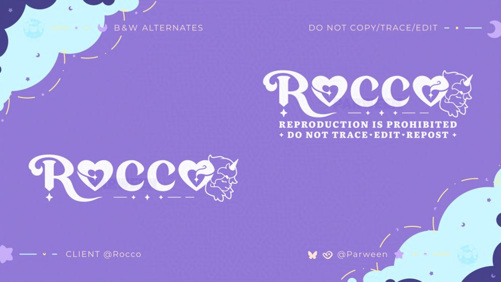 Alternate simplified designs of the main 'Rocco' logo. To the left, the logo is all in white. To the right it is the same logo with the added text underneath, "Reproduction is prohibited. Do not trace, edit, repost."