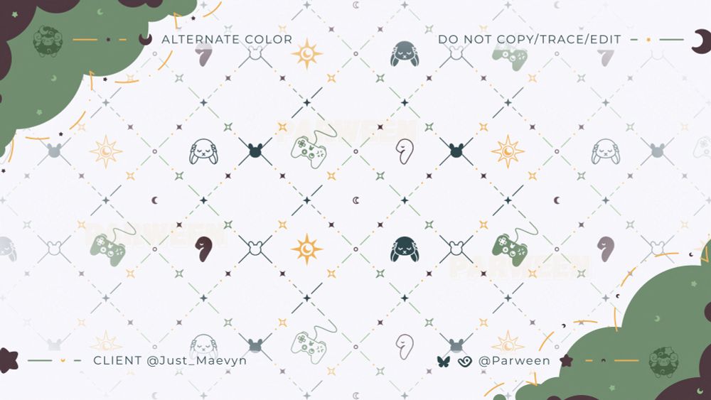 This diamond pattern is the same as the previous pattern only that the background is white. Within every other row of the pattern there is a front view bunny, a game console controller, side profile bunny, or a star with a crescent moon inside. There is a third simplified bunny connecting the diamond shapes every other vertical row. Helping to make the shape of the diamond are small stars and circles.