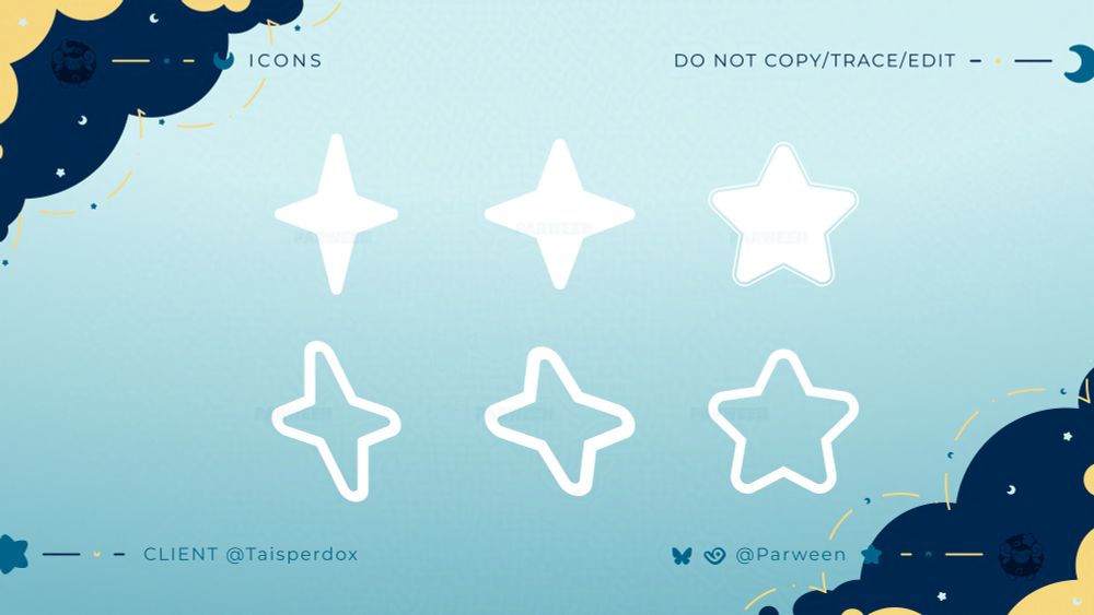 Showcases the types of stars that were used for the logo: four pointed and five pointed stars in solid white or outlined in white.