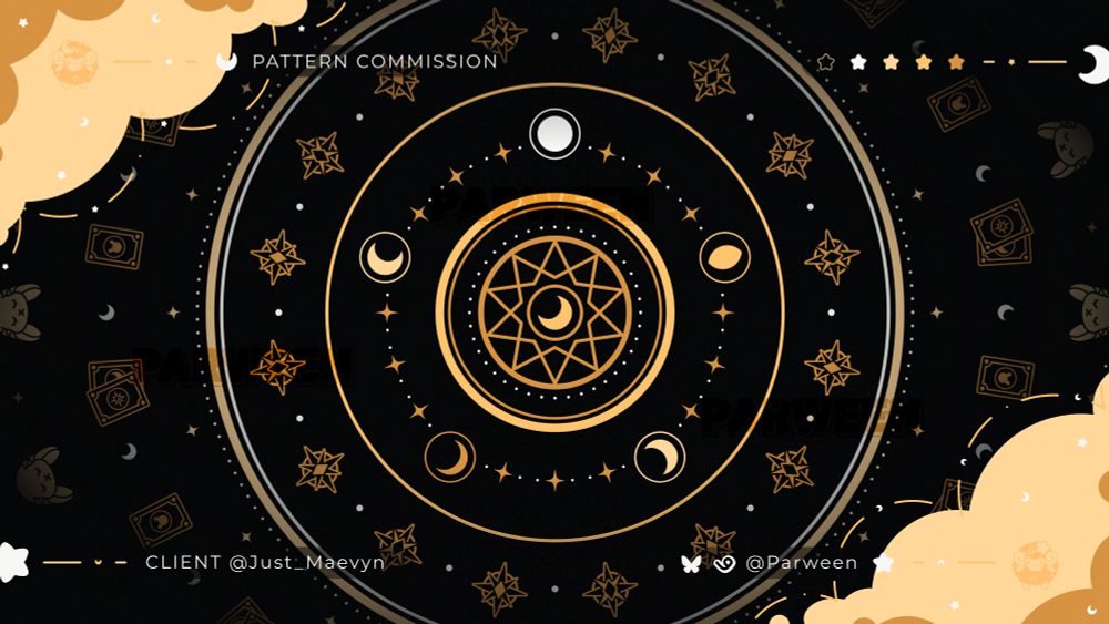 A Gold, black, and white circular pattern made to look like a magic circle. The inner circle has a decagram with a crescent moon inside. Followed by an outer ring of the phases of the moon. The next ring is a compass like shaped star. After that is a ring of tarot cards with a star, a crescent moon or a bunny motif. And the last ring is a bunny with their ears down and their eyes closed.
