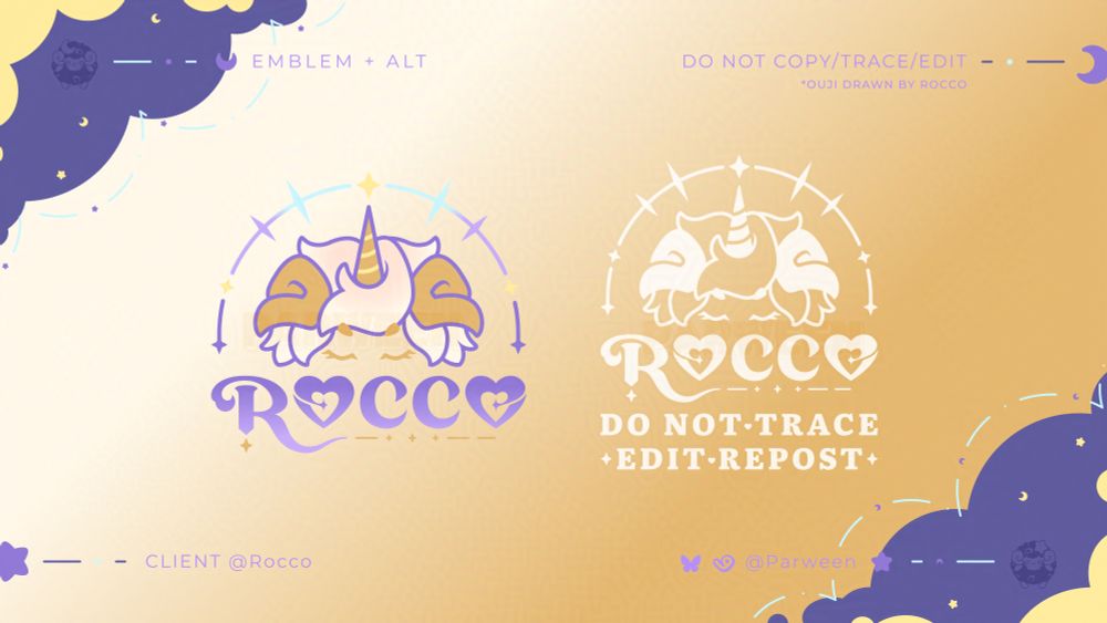 An emblem version of the logo.
The first emblem has a colored front facing Ouji at the center, with a half circle stylized halo. Beneath it there is a simplified version of the previous 'Rocco' logo in purple.
The second emblem is a simplified only white version of the emblem, with the added text beneath 'Rocco', "Do not trace, edit, repost."
On the upper right hand corner of the showcase it states, "Ouji drawn by Rocco."