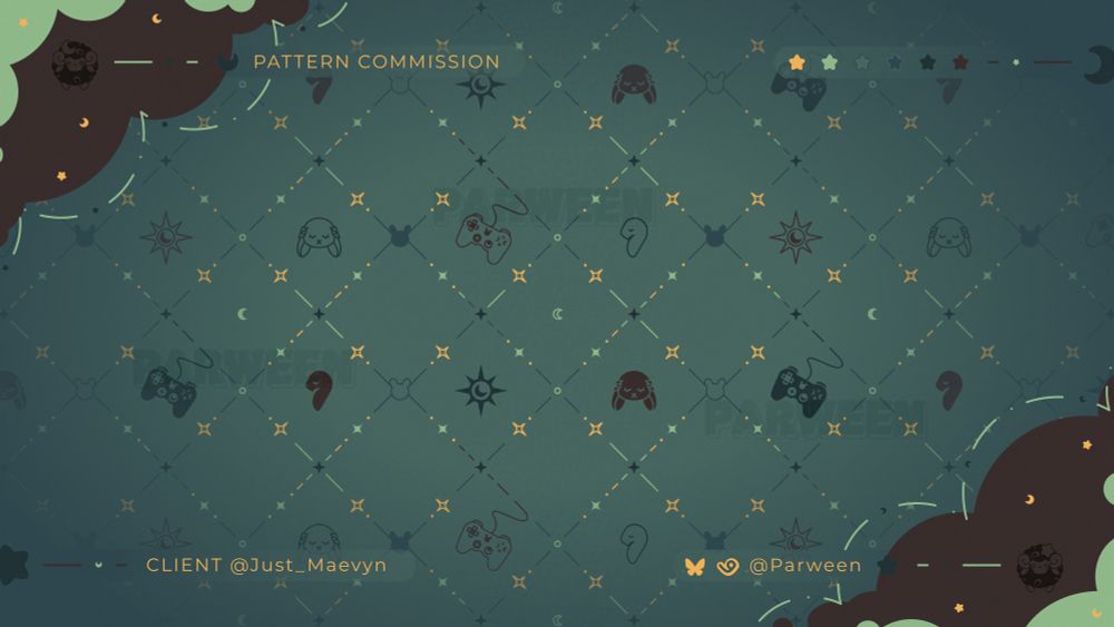 This diamond pattern has the colors gold, brown, mint, sage, and darker sage. Within every other row of the pattern there is a front view bunny, a game console controller, side profile bunny, or a star with a crescent moon inside. There is a third simplified bunny connecting the diamond shapes every other vertical row. Helping to make the shape of the diamond are small stars and circles.