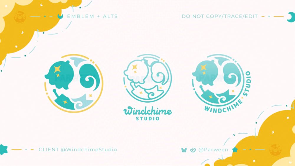 Three similar Emblem/motif designs made for Windchimestudio. The main colors are teal, yellow, and light blue. The left design has a curved windchime following the shape of a circle. At the end of it there are stylized clouds to complete the circle. There are yellow stars place inside the circular motif, and a yellow circle outline encapsulating the logo.
The middle motif is an outlined teal with light blue version with the 'windchime studio' logo placed at the bottom.
The right motif is the teal gradient version. The words 'windchime studio' in a bold sans-serif font follow the curvature of the motif.