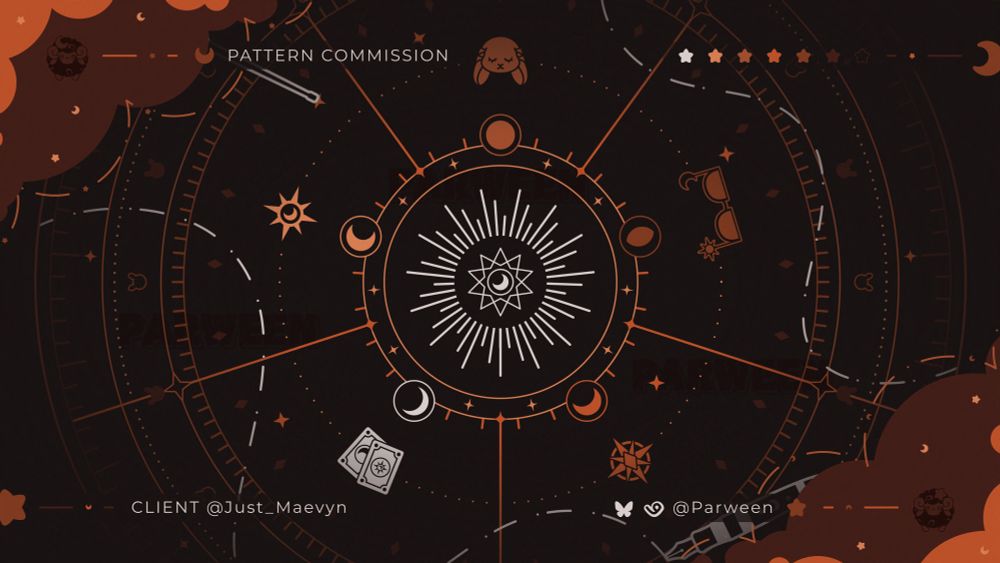 A pattern with a dark brown background made to look like a magical circle/map/charting the stars. The colors range from several shades from brown to orange, and white. It starts with a white decagram in the middle with rays shooting out in a circle in different sizes. Followed by a ring with the phases of the moon. The next ring cuts the chart into five sections. Each section has a bunny, glasses, compass star, tarot cards, or a star in the middle. After that the rings have lines of measurement like a ruler. Across the pattern are cut up white lines as if it was marked by the fountain pen drawing shown on the bottom right.