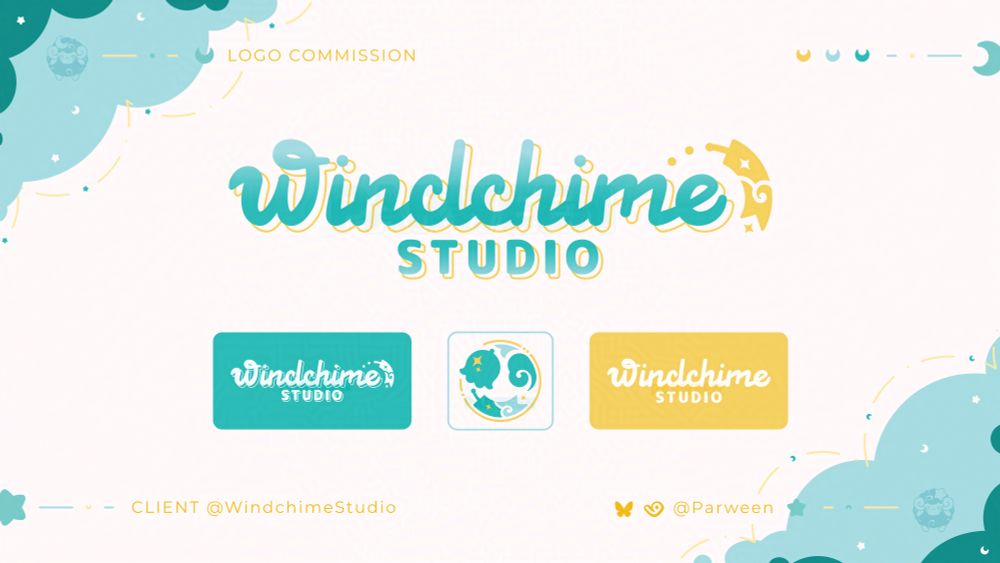 A logo that reads "WINDCHIME" at the top and "STUDIO" at the bottom. The main colors are teal, yellow, and light blue. There is a yellow outline following the text like a shadow. To the far right there is a yellow curved windchime.

There are three boxes at the bottom of the logo showcasing on the left the logo in white, the emblem in the middle, and to the right a simplified logo in white.