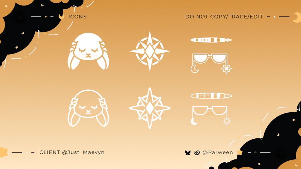A bunny motif with floppy ears and their eyes closed. On their ears are clips resembling Maevyn's own hair clips. The next set is a compass star. The other icons are a fountain pen, and Maevyn's glasses with a star and moon dangling on the sides.