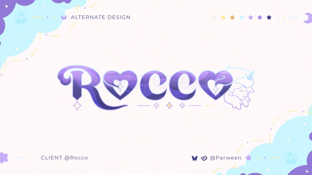 An alternate version of the main 'Rocco' logo. 
The logo reads "Rocco". The main colors are dark purple and light cyan. The Os have been made into heart shapes with a four pointed star in the center. To the right end of the logo there is a side profile outlined Ouji, Rocco's OC, with their eyes closed.