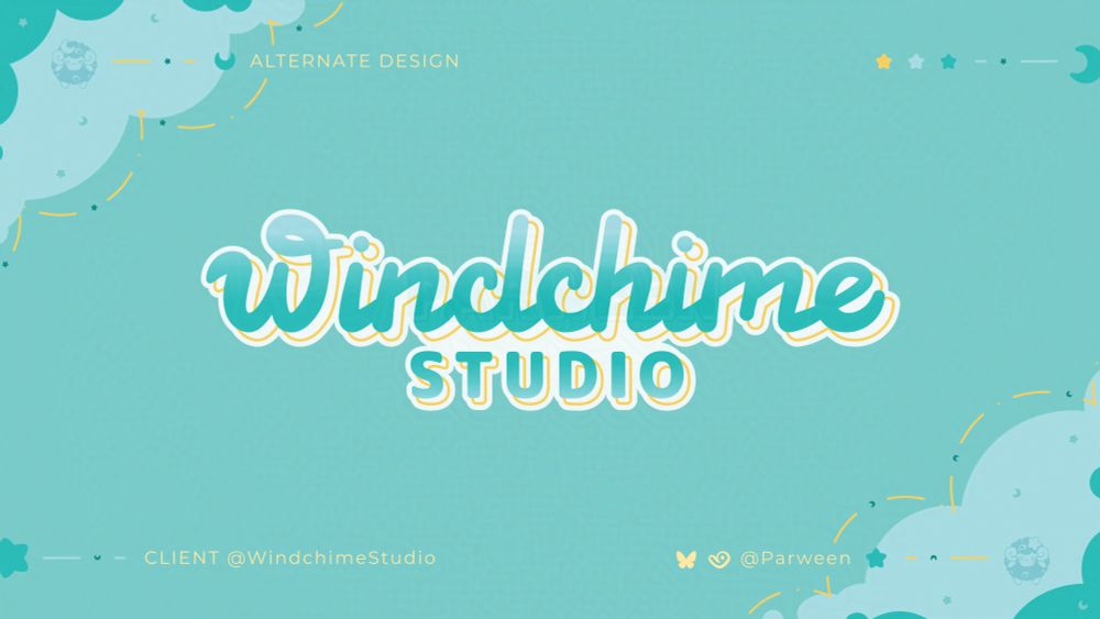 A simplified version of the windchime logo sans right yellow whindchime, with the addition of an off white border around the text.